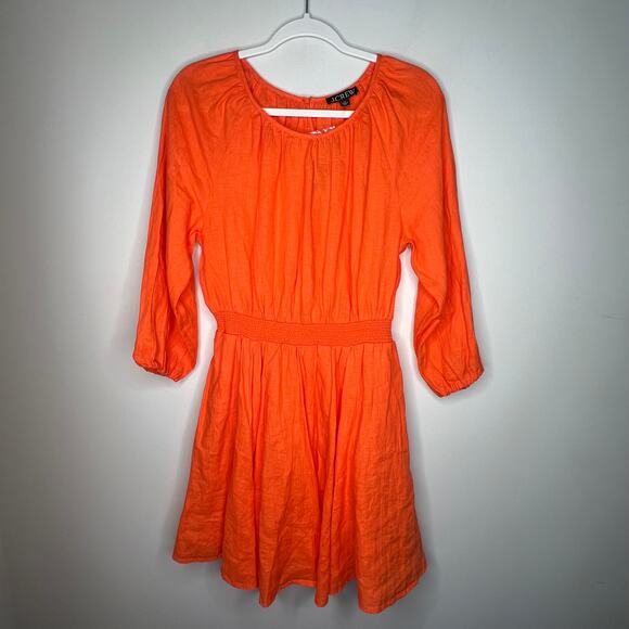 J. Crew Orange Palermo Smocked Waist Linen Mini Dress Size XS - Picture 2 of 7